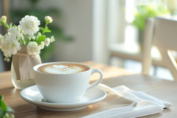 cup of hot coffee with cute latte art on cafe table.
