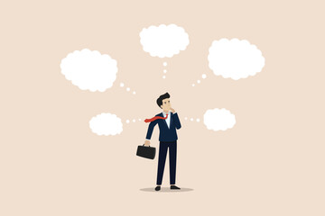 Too many thinking ideas, many problems to be solved, contemplation solutions for troble, stress or anxiety concept, businessman thinking with many thinking bubbles.