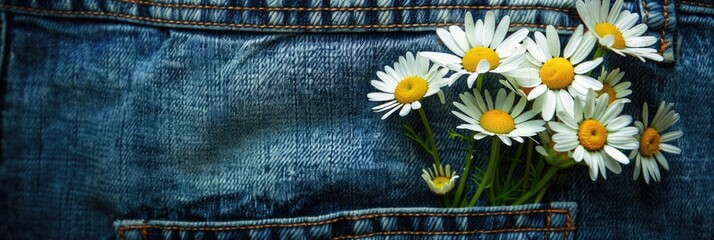 Chamomile flowers in the pocket of your clothes. A small bouquet of field daisies in the back pocket of blue trousers.