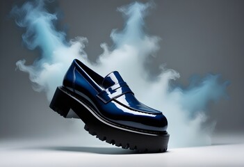 A pair of black patent leather platform loafers with a chunky sole.