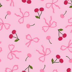 Seamless pattern with cherries and bows on a pink background. Vector graphics