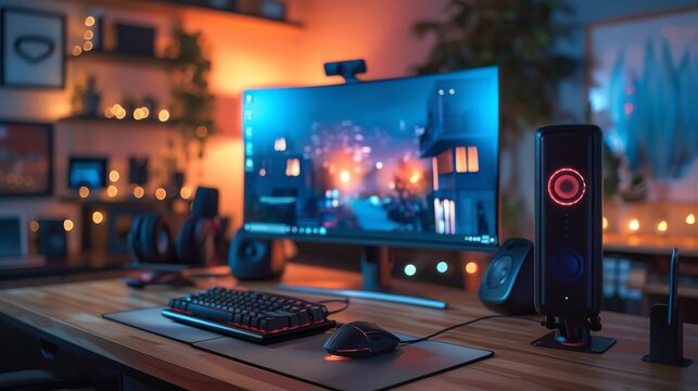Close-up of a gaming setup with a keyboard, mouse, speakers, and a monitor displaying a game.