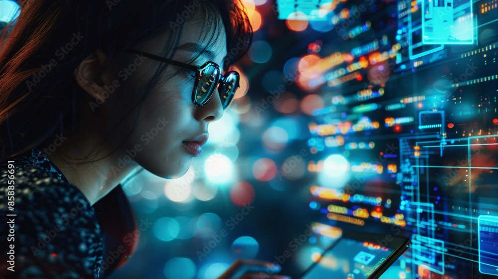 Poster a hologram depicting software and coding is displayed alongside a woman using a tablet, contemplatin