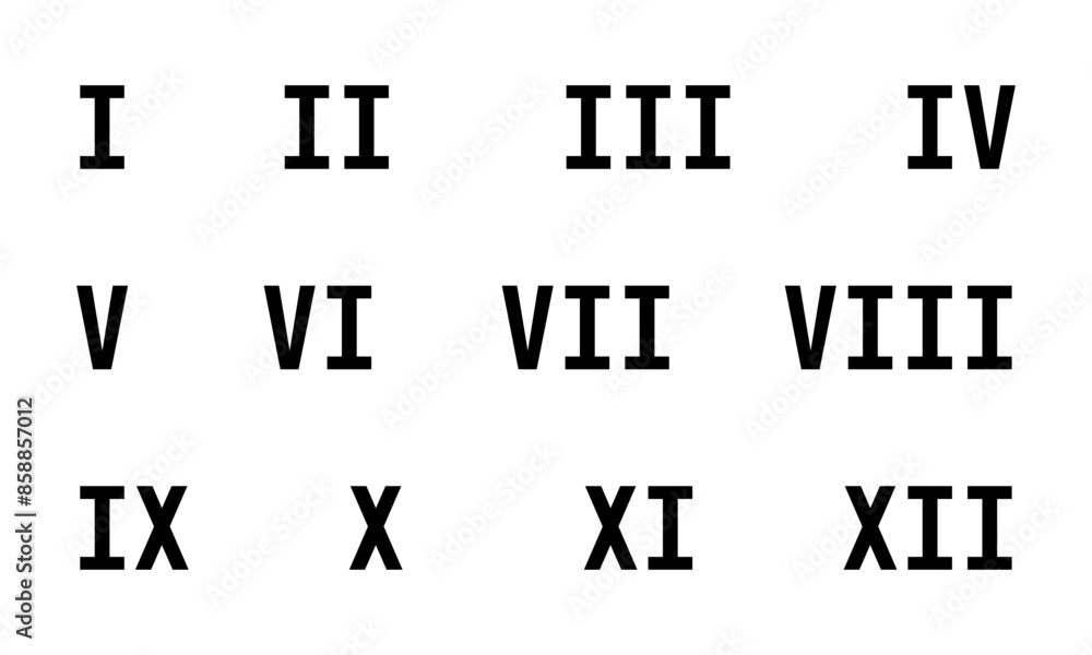 Poster set of roman numerals isolated on white background. numbers from one to twelve. set of roman numbers