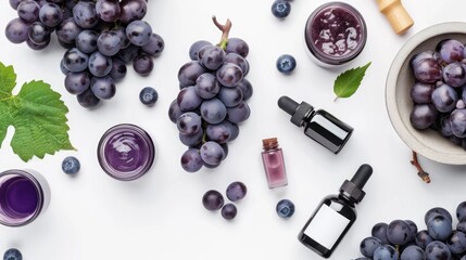 Organic cosmetic lab Grape based products on white background
