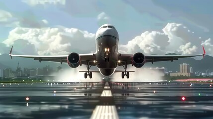 Motion graphic of an airplane taking off with a dynamic background and clean space for text