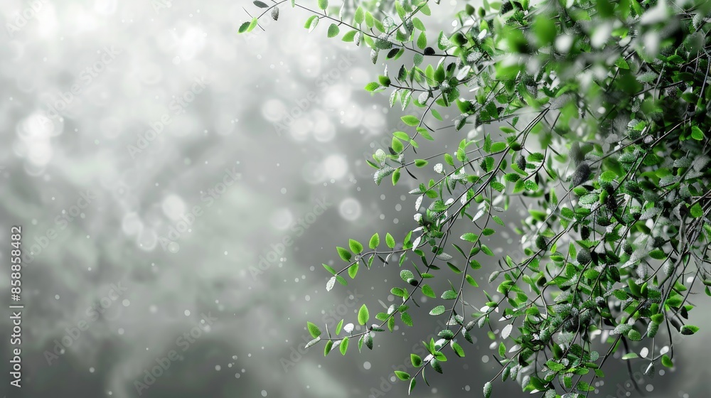 Canvas Prints Green tree with small leaves on blurred gray background with space for text