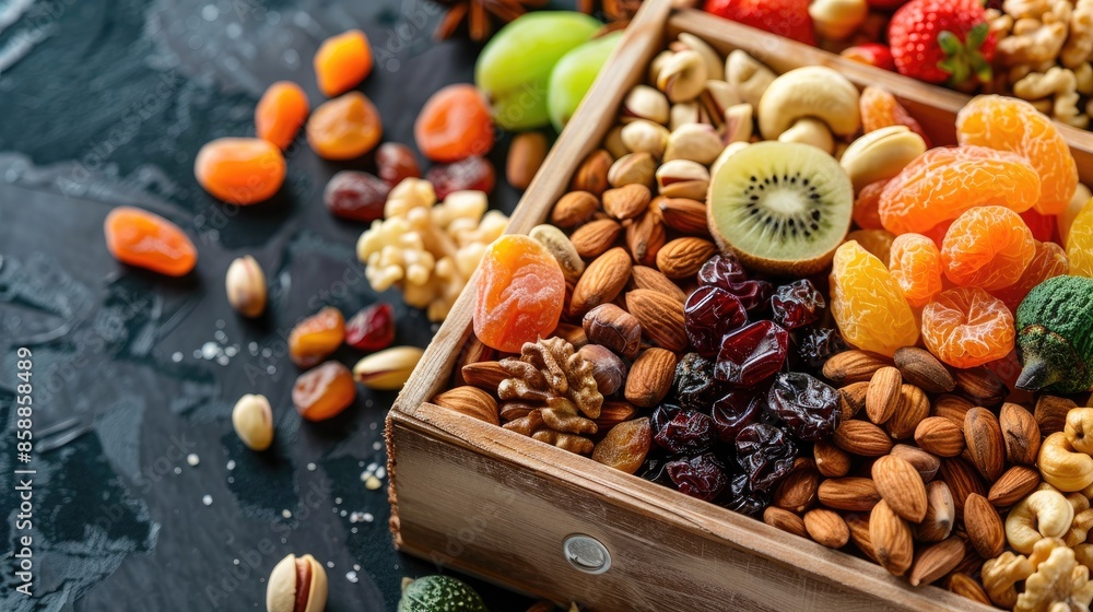 Aufkleber arrangement of assorted dried fruits and nuts in a container on a table with room for writing