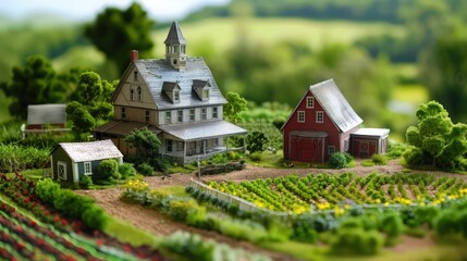 a miniature rural farmstead with a farmhouse, barn, and fields.