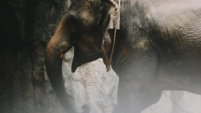 Two large land mammals, Asian elephants, elephas maximus standing side by side, covered in mud, flapping its ears, uses its long trunk to pick up food, eating branches with leaves on the ground.