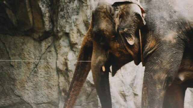 Two large land mammals, Asian elephants, elephas maximus standing side by side, covered in mud, flapping its ears, uses its long trunk to pick up food, eating branches with leaves on the ground.