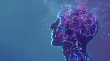 Blue and white smoke forms swirling patterns around a woman's head, blending light and smooth curves in a magical design