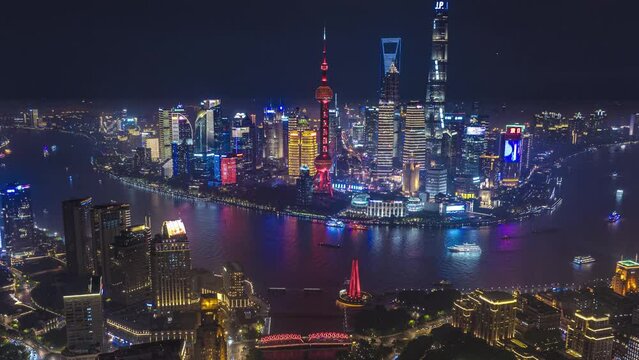 Futuristic city of Shanghai at night, drone hyperlapse, Shanghai, China 4K
