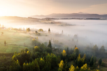 Gorgeous landscape with morning fog in mountainous area. Carpathian mountains, Ukraine, Europe.