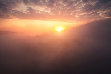 The morning sun breaks through the dense fog. Carpathian mountains, Ukraine.