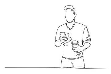 Continuous one line drawing of young active male typing chat message on smart phone to his business partner while holding cup of tea. Business deal. Single line draw design vector graphic illustration
