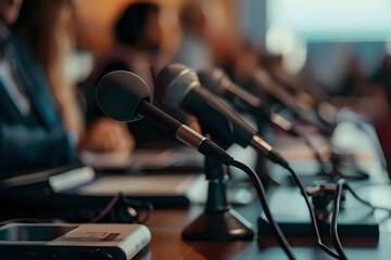 Close-up of microphones on a table in a conference room.