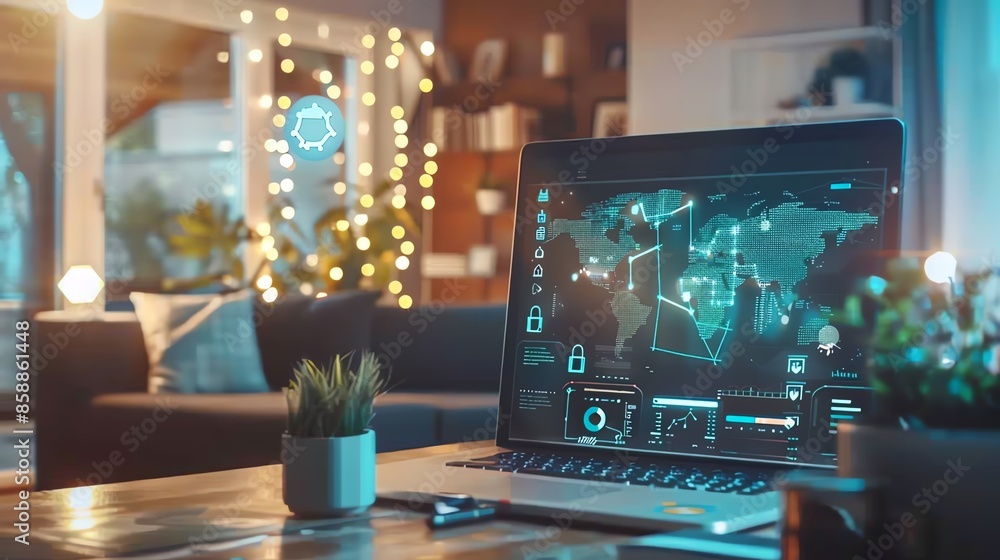 Aufkleber a laptop displaying a world map with data visualizations sits on a table in a cozy living room.