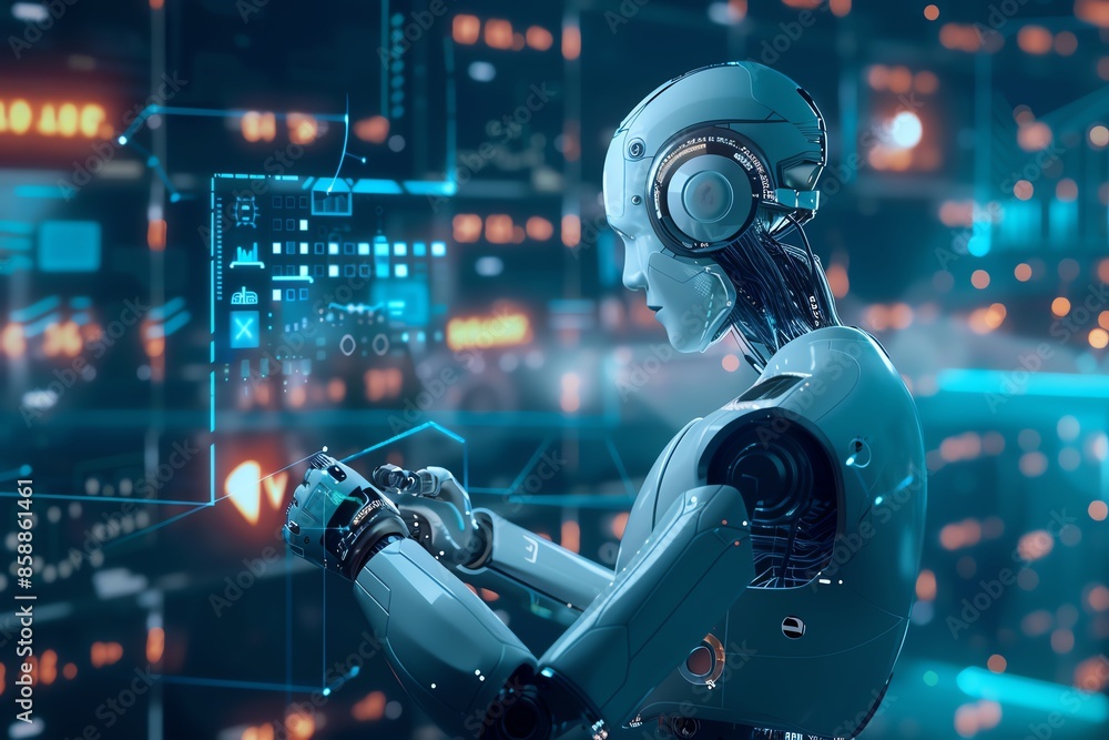 Poster a humanoid robot with headphones uses a tablet in front of a glowing digital interface. the robot re