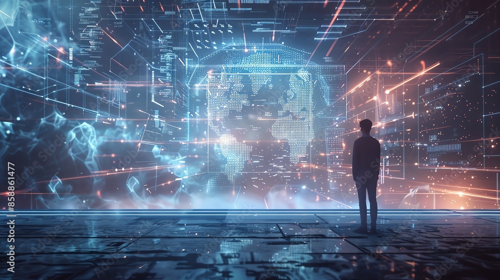 Poster a lone figure stands before a futuristic display of data and code, contemplating the vast possibilit