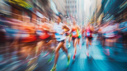 Blurred colors and movement depict the chaos of a city marathon reflecting the vibrant energy of the race.