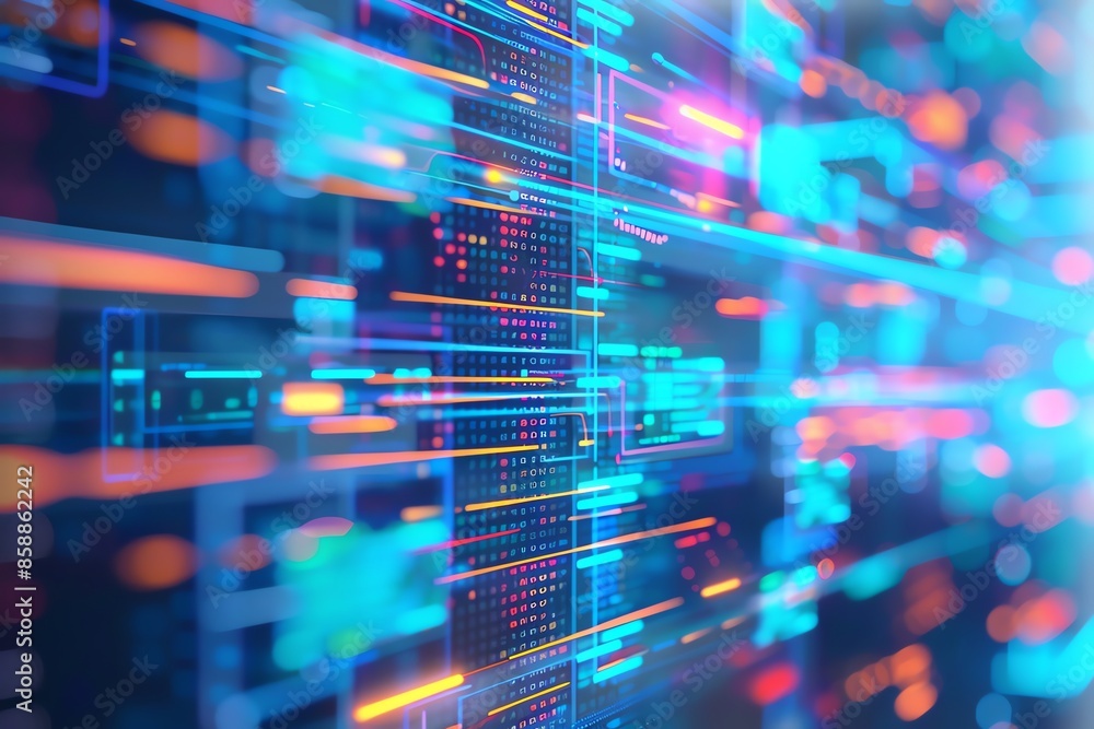 Poster abstract digital background with glowing lines and data streams in blue and orange hues.