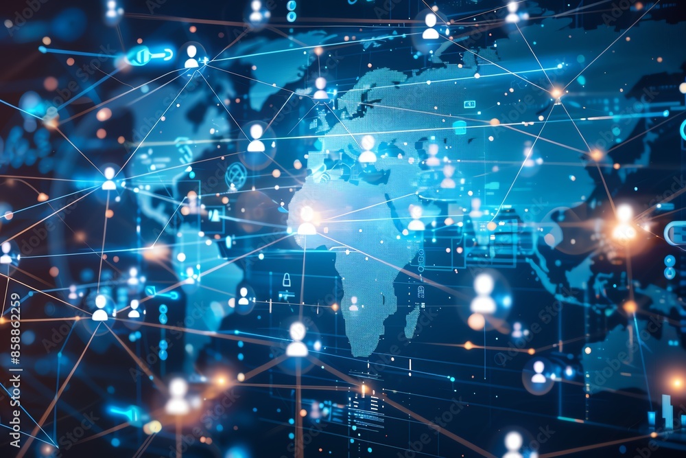 Poster abstract digital network with glowing connections and human icons over a world map, representing glo