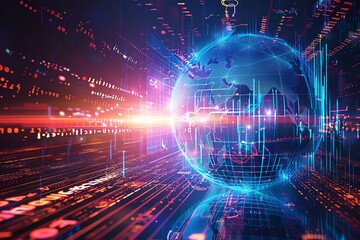 Obraz premium Abstract digital globe with glowing lines and data stream, representing global connectivity and technology.