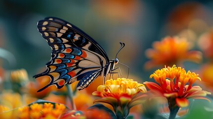 Obraz premium A vibrant blue and orange butterfly with black and white wings, delicately perched on a yellow flower.