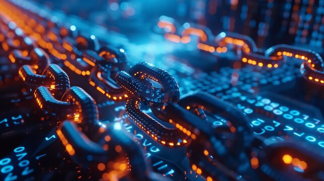 Abstract digital chains glowing with orange light on a background of binary code.