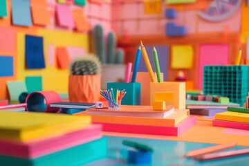 Colorful desk with stationery,  notebooks, and a cactus.  A vibrant and fun workspace.