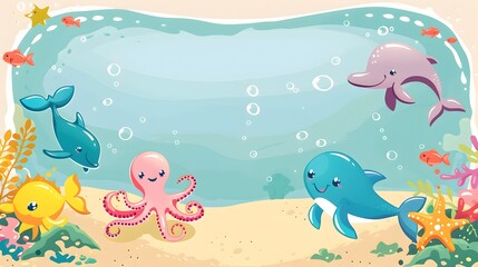 Obraz premium Cheerful Underwater World with Cartoon Marine Animals and Coral Reef