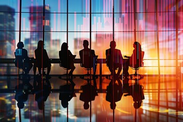 Silhouettes of business people in a meeting room with city skyline view.