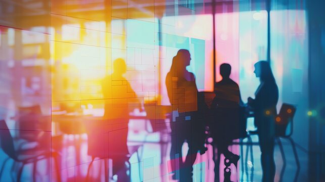 Silhouettes of business people meeting in a brightly lit office.  The scene is full of energy and vibrancy.  A great image for business and success themes.