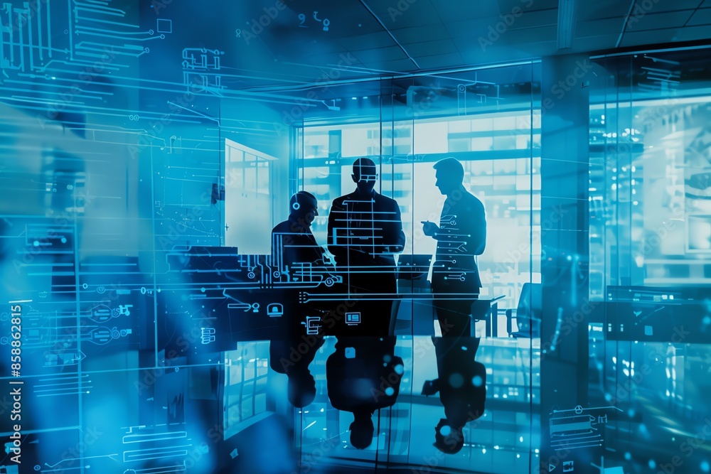 Poster silhouettes of three people working in a tech office, surrounded by digital data and code.