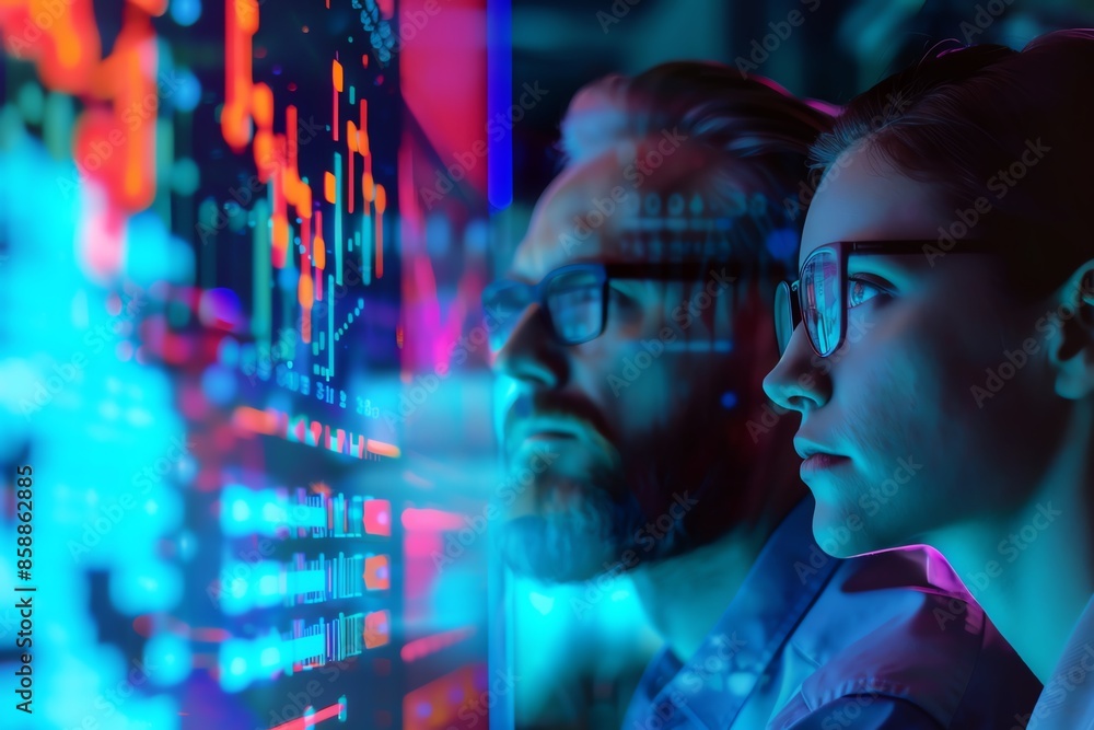 Poster two professionals analyze data on a large digital display, illuminated by vibrant colors. they are f