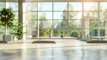 A modern office interior with a blurred background, white desk and glass wall, blurred focus on an open space or conference room table