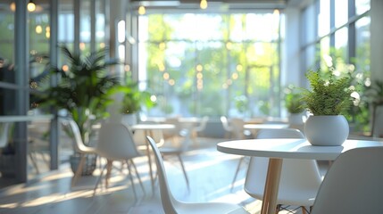 Fototapeta premium A modern office interior with a blurred background, white desk and glass wall, blurred focus on an open space or conference room table