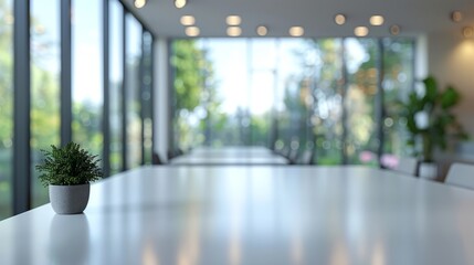 A modern office interior with a blurred background, white desk and glass wall, blurred focus on an open space or conference room table