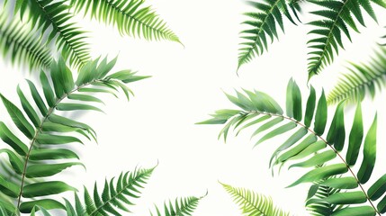 Close-up of a lush, leafy green fern background with intricate foliage texture and vibrant natural patterns