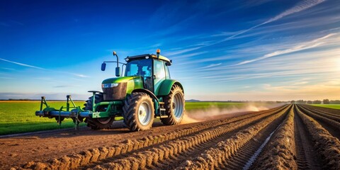 Obraz premium Green Tractor Cultivating a Field at Sunset