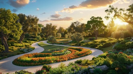Fototapeta premium A panoramic view from a luxury room overlooking an expansive summer garden with winding paths, ancient oak trees, and vibrant flower patches under the warm sun.