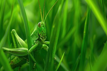 A sleek grasshopper camouflaged among emerald green blades of grass.
