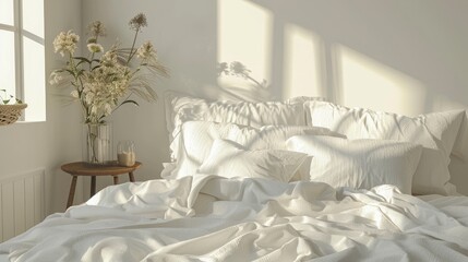 Bed with white pillows and blanket providing space for text