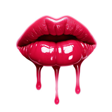 Red lips with dripping lipstick isolated on white background, glossy red lips