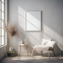 Aesthetic minimalist room interior design. Mockup picture frames. Concrete paint and mock up poster on the walls. Copy space. Clean apartment for decoration. Japandi, scandi, rustic style.