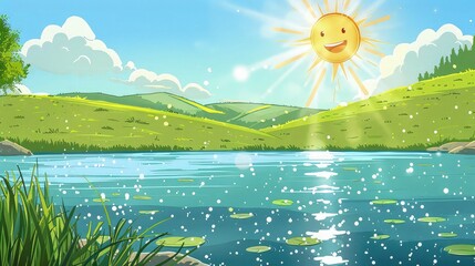 A pastoral cartoon scene with a sparkling, crystal-clear lake in the foreground, grassy hills in the background, and a beaming sun with a warm smile.