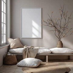Aesthetic minimalist room interior design. Mockup picture frames. Concrete paint and mock up poster on the walls. Copy space. Clean apartment for decoration. Japandi, scandi, rustic style.