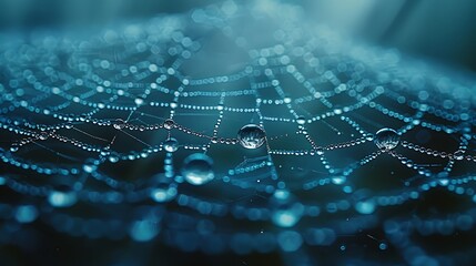 Obraz premium A close-up of a blue water fountain with droplets cascading down, surrounded by a network of blue lines forming a circular pattern, set against a soft, blurred background.