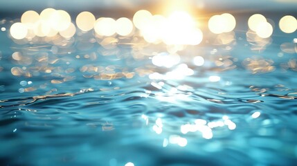 A peaceful blue water setting with soft white bokeh lights creating a calm and relaxing environment, subtly illuminated by a warm lens flare.